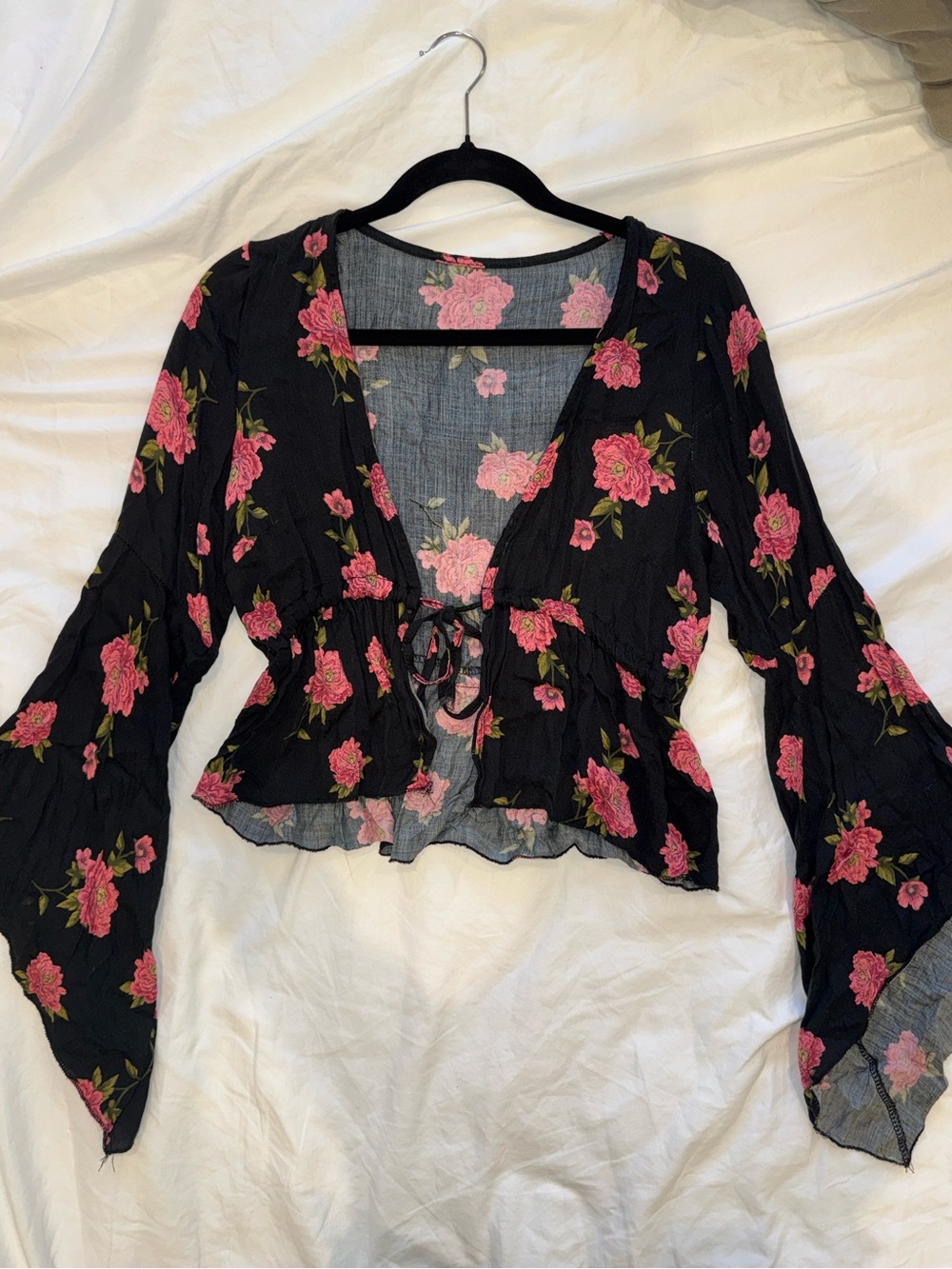 Italy Floral Tie-Front Black Blouse